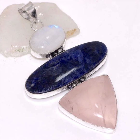 Earth Art hand crafted artisan Jewelry - Rose quartz, Sodalite and rainbow moonstone pendant